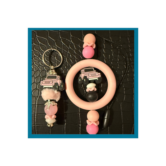 Pink Jeep Car Charm and Keychain Set