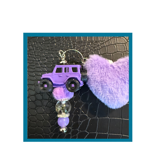 Jeep with fuzzy Heart Keychain