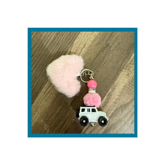 White Jeep Pom-Pom Keychain
